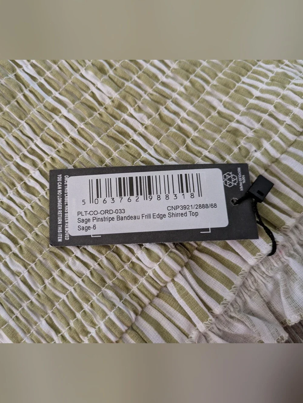 PRETTY LITTLE THING Sage Pinstripe Bandeau Frill Edge Shirred Top Co-ord 2 NWT